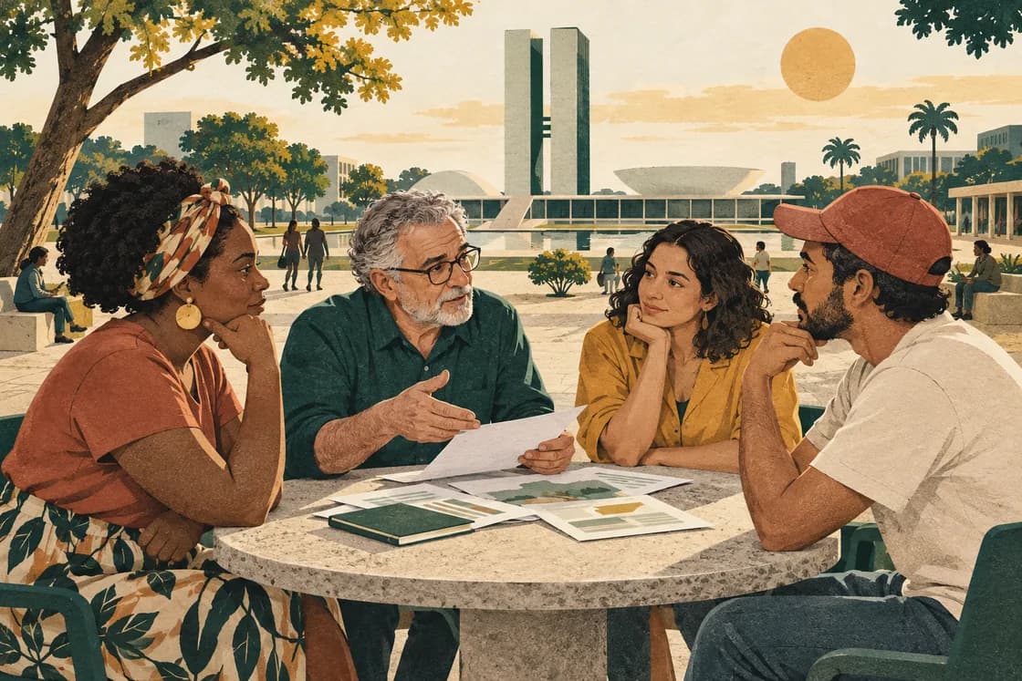 Ilustração de quatro pessoas conversando sobre documentos públicos em uma praça diante do Congresso Nacional.
