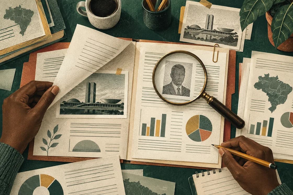 Ilustração de mãos consultando documentos, gráficos e uma ficha pública com lupa.
